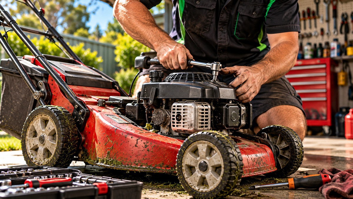 Mechanic repairing a lawn mower in a workshop.