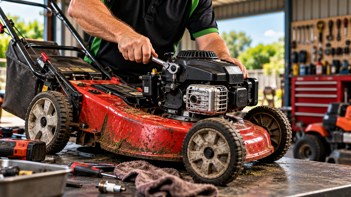 Mechanic servicing a push mower in a workshop.