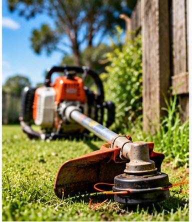 Whipper snipper and its cutting head resting on grass outdoors.