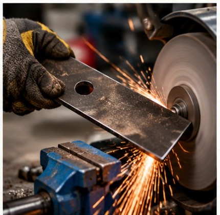 Mower blade being sharpened at a grinder, with sparks visible.