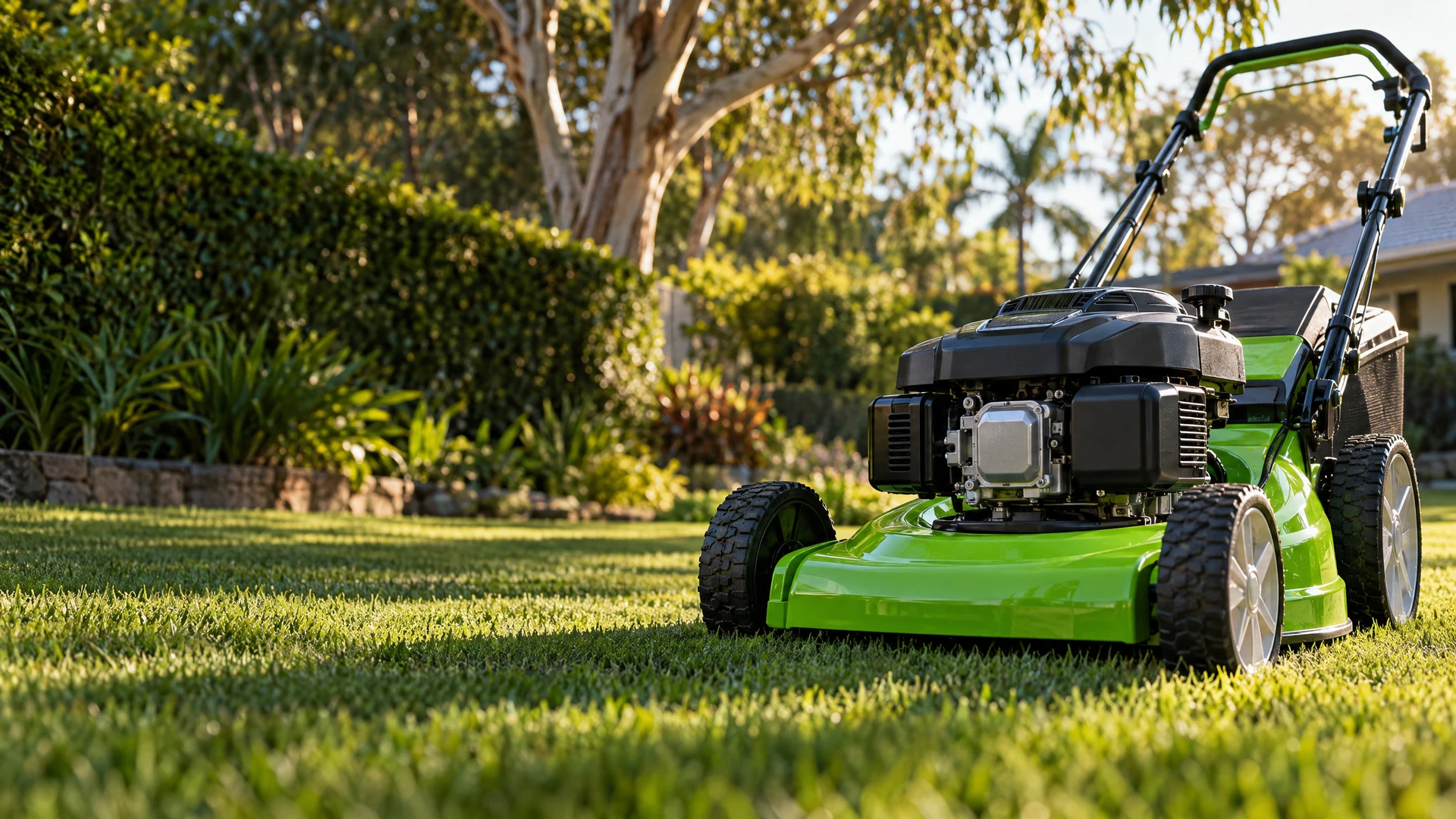 A lawn mower ready to get back to work on a green Ipswich lawn